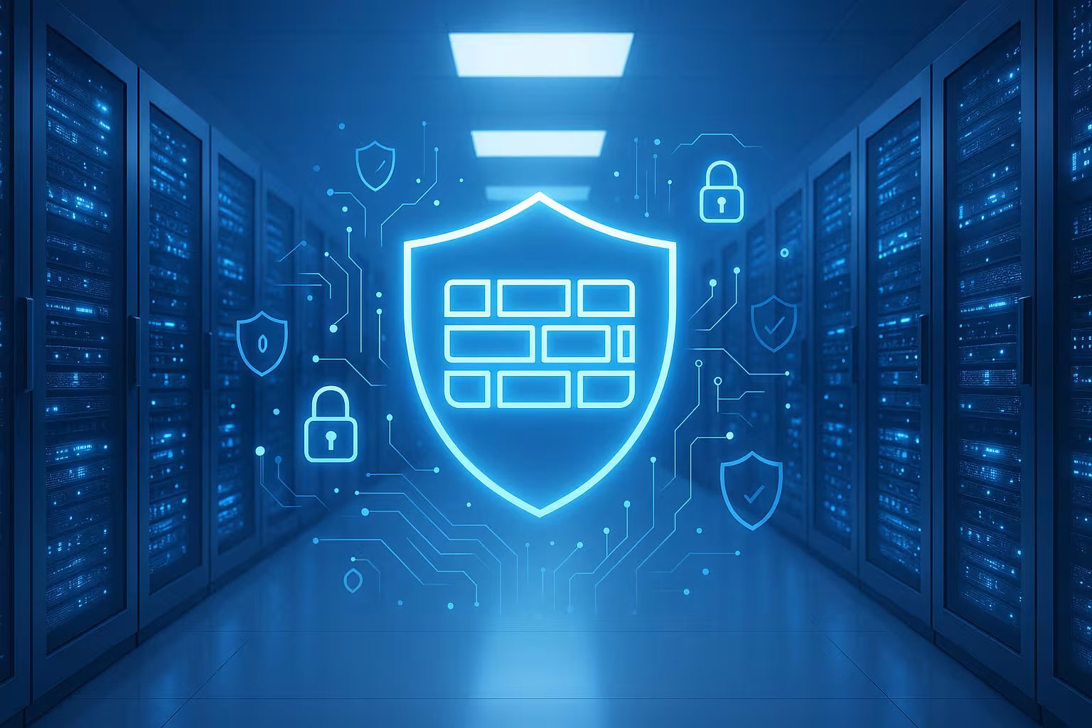 Sala de servidores con cortafuegos y protección Fail2ban, aspecto de seguridad moderno