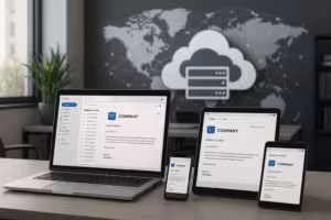 プロフェッショナルな企業メールソリューションのためのテクノロジーを備えた近代的なオフィス