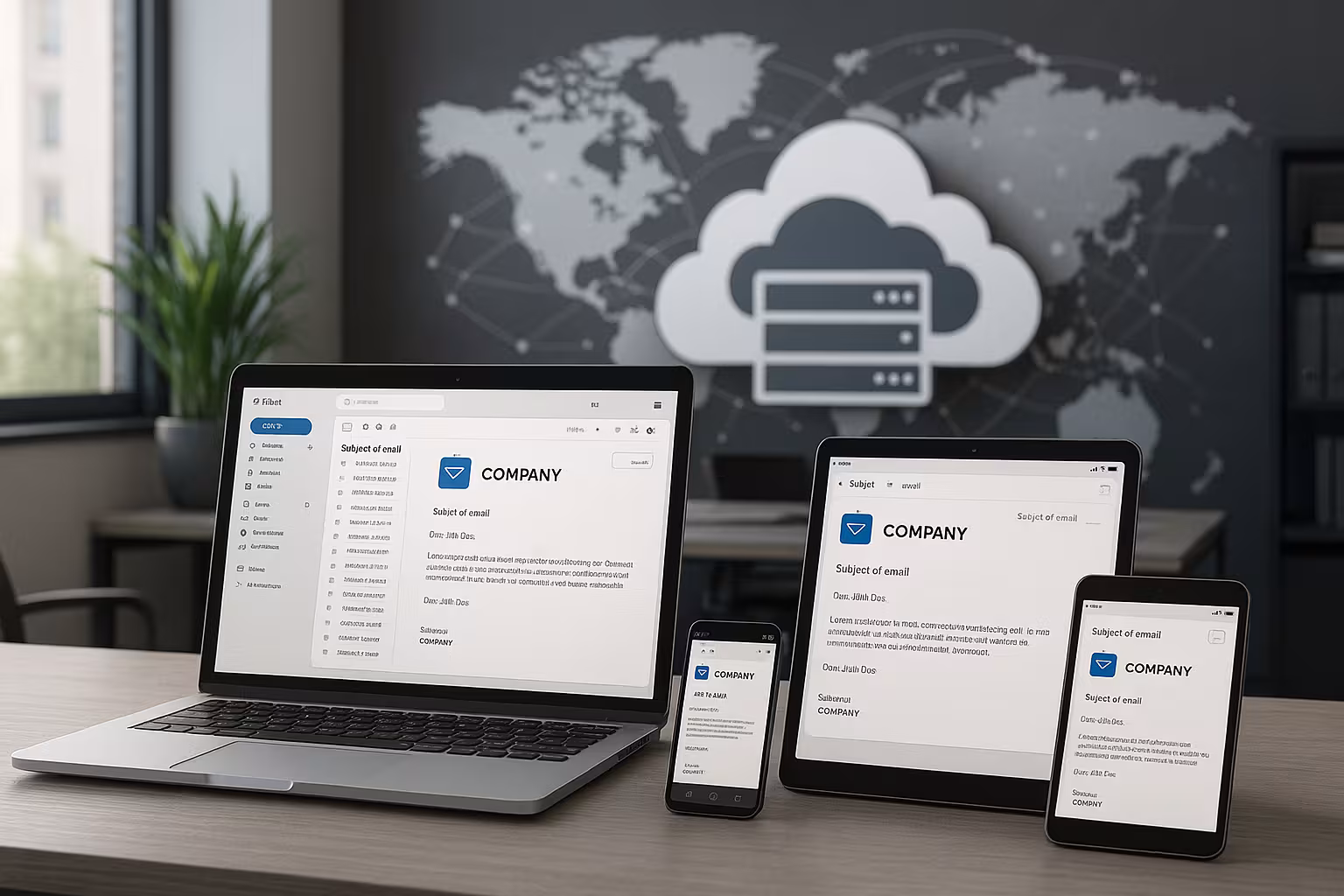 Modernus biuras su technologijomis, skirtomis profesionaliems įmonių el. pašto sprendimams