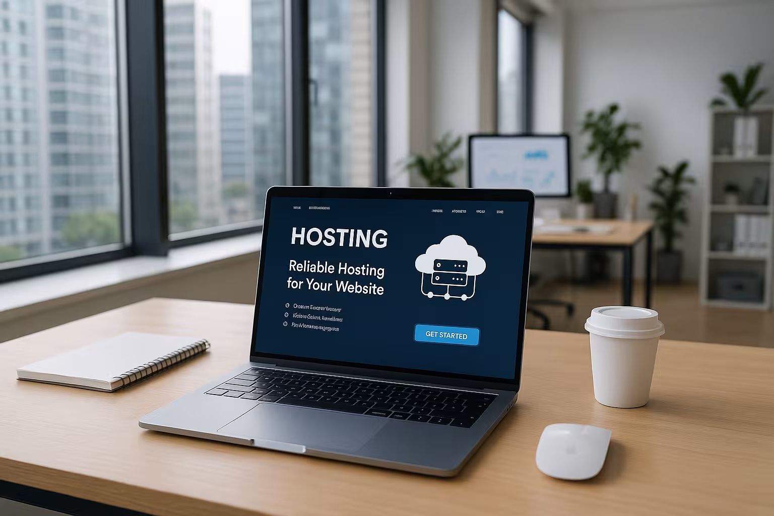 Moderno ufficio per freelance con laptop, sito web di hosting aperto e luminoso spazio di lavoro digitale.