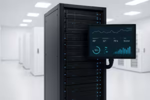 Et moderne datacenter med lysende serverracks og en åben webhosting-panelgrænseflade på én skærm.