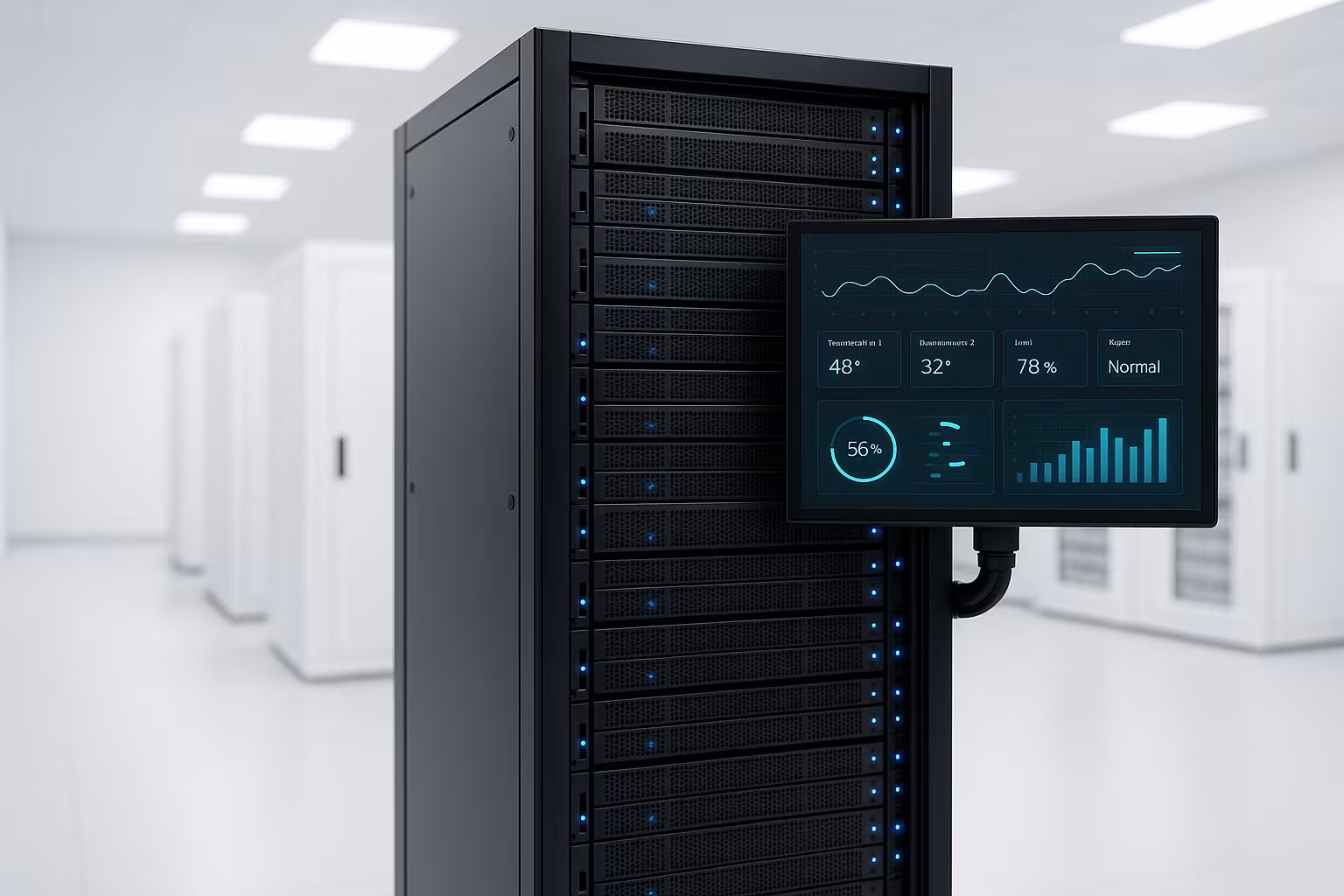 Un moderno centro dati con rack di server luminosi e un'interfaccia di pannello di web hosting aperta su uno schermo.