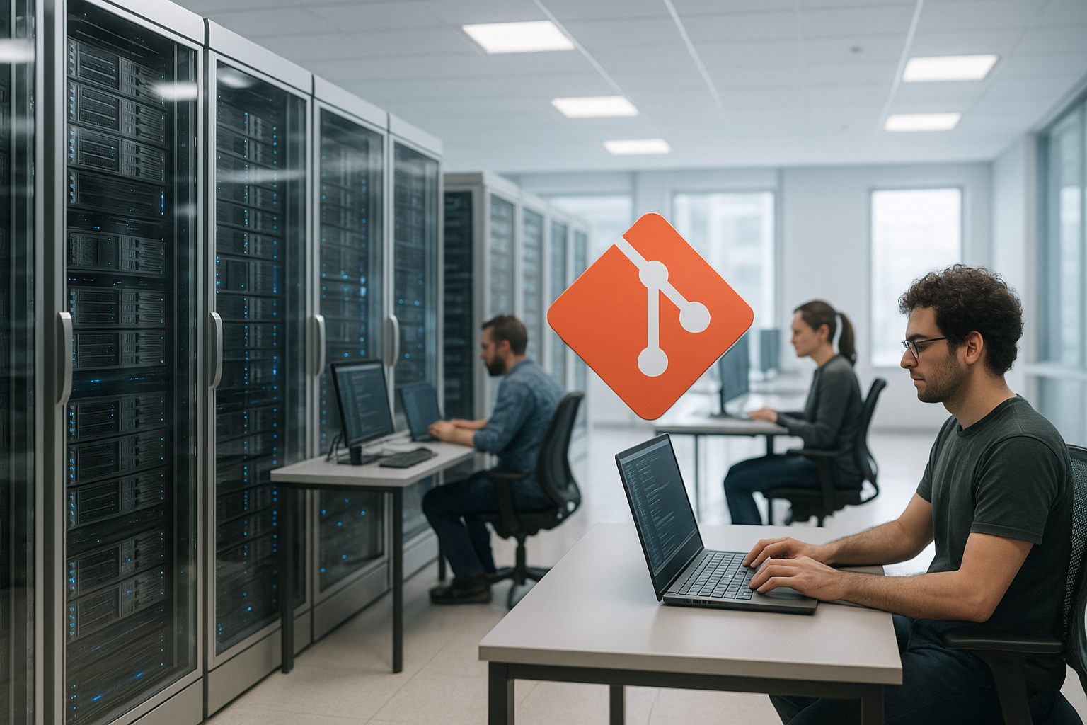 Sala server con moderni rack di server, sviluppatori con computer portatili, icona Git digitale