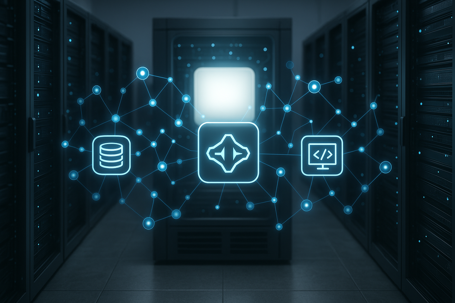 Pannello server moderno con visualizzazione digitale delle API, fotorealistico