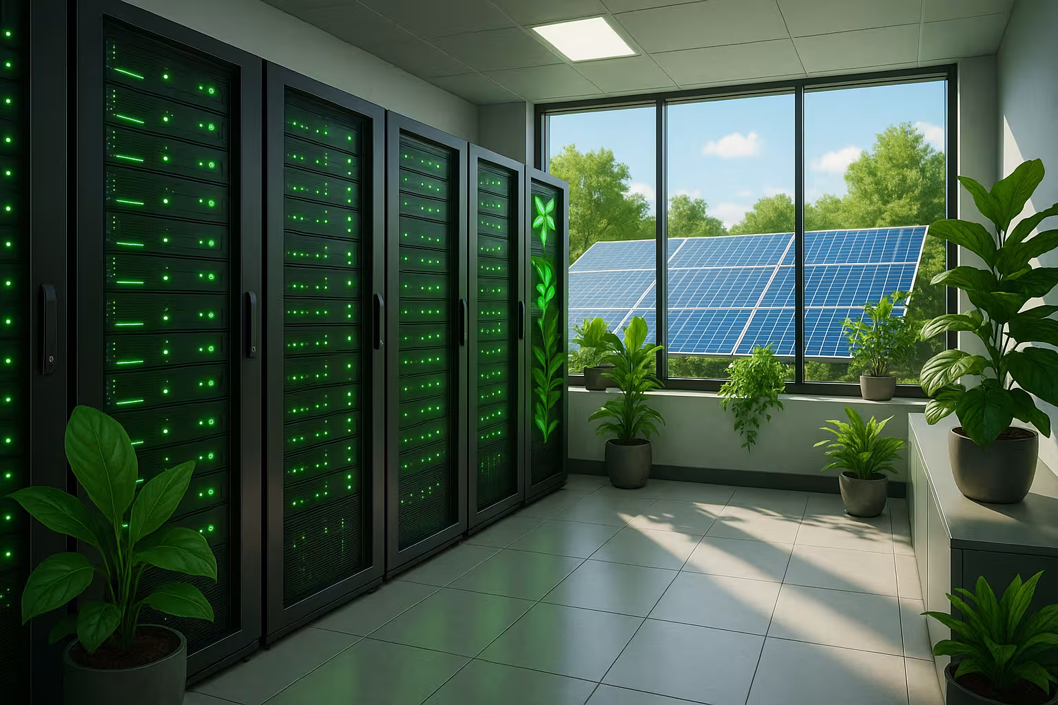 Sala server con piante verdi, tecnologia sostenibile e celle solari per un web hosting ecologico