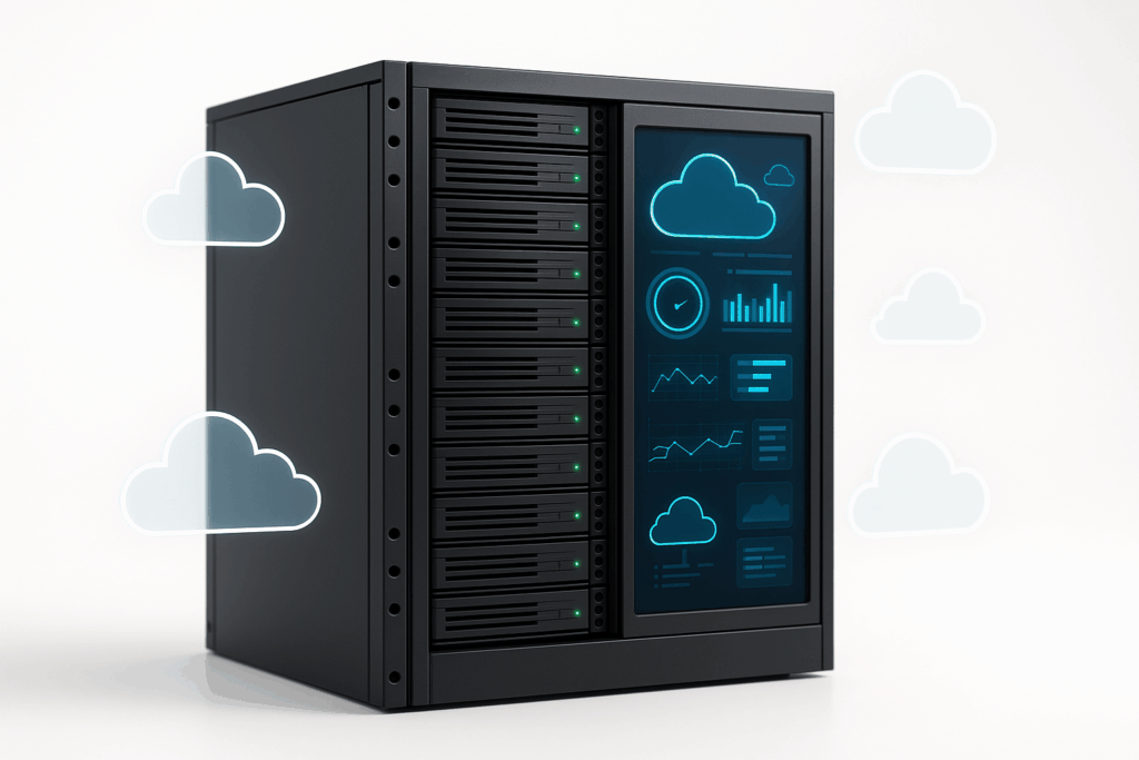 Модерно сървърно помещение с табло за управление на HestiaCP на екрана