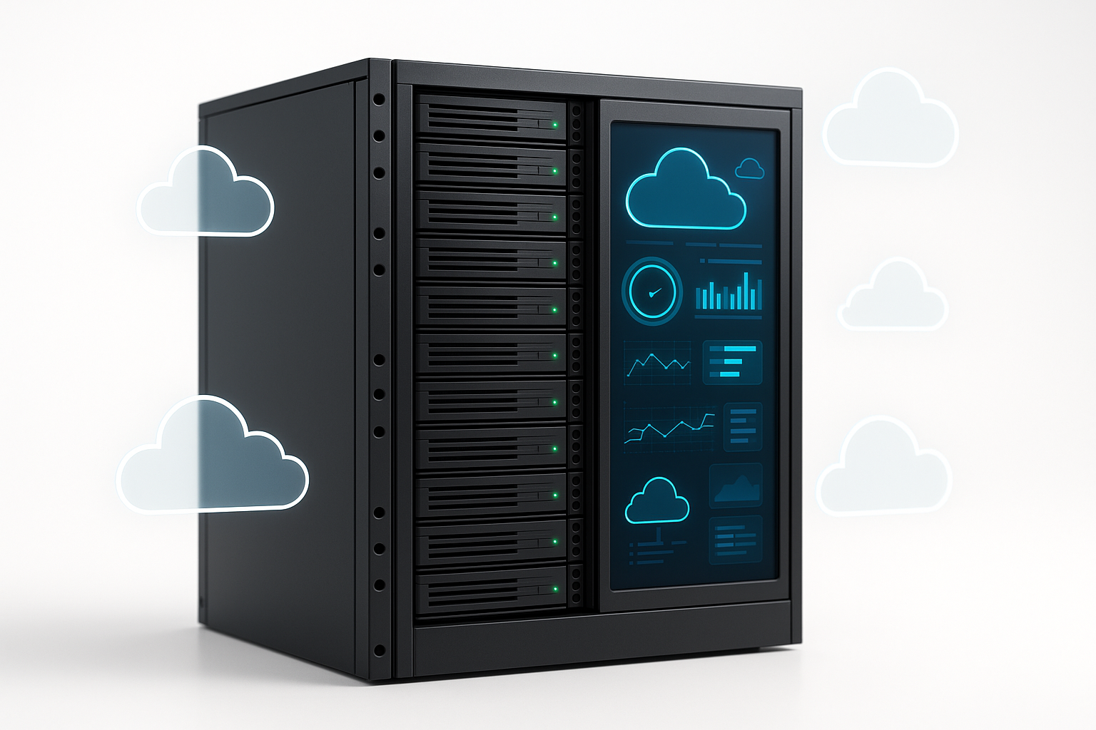 Moderna sala server con dashboard HestiaCP sullo schermo