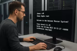 Administrator IT pracujący z systemem ratunkowym Hetzner w centrum danych