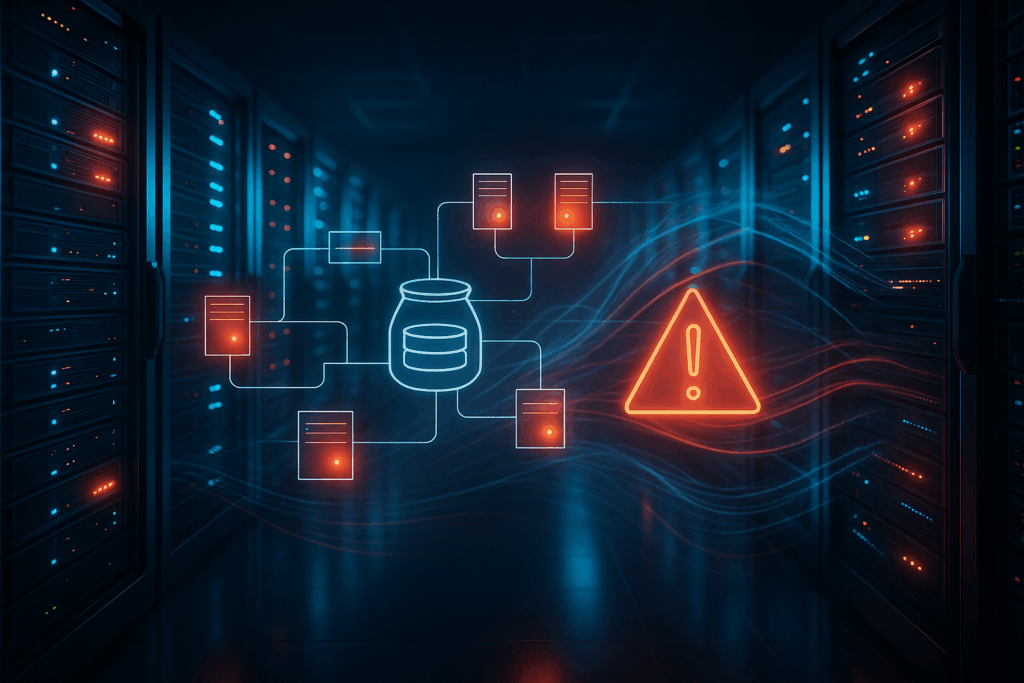 Фотореалистично представяне на сървърно помещение с ясно подчертани мрежови точки и потоци от данни.