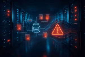 Egy szerverszoba fotorealisztikus ábrázolása világosan kiemelt hálózati mézeskalitkákkal és adatfolyamokkal.