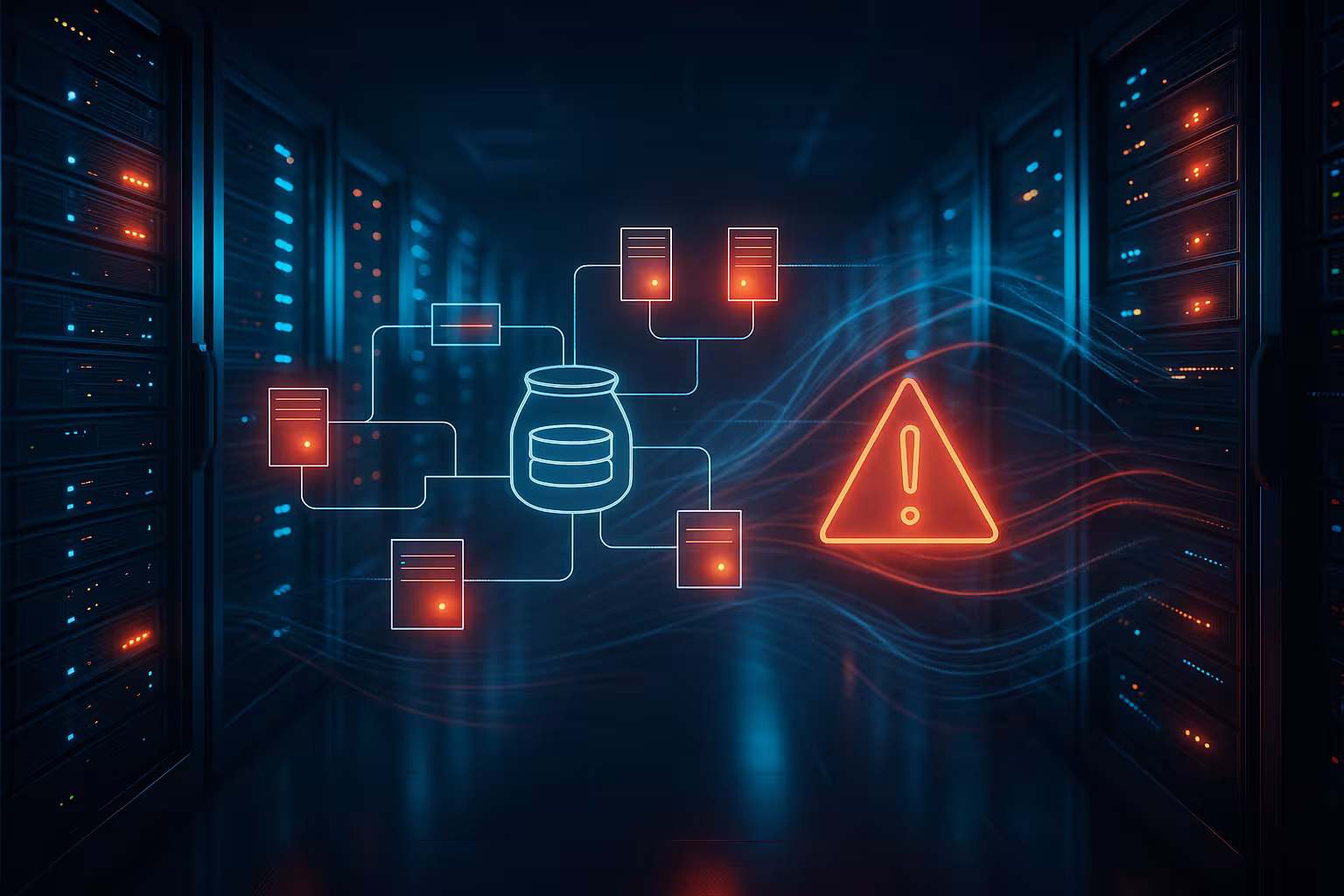 Rappresentazione fotorealistica di una sala server con honeypots e flussi di dati in rete chiaramente evidenziati.