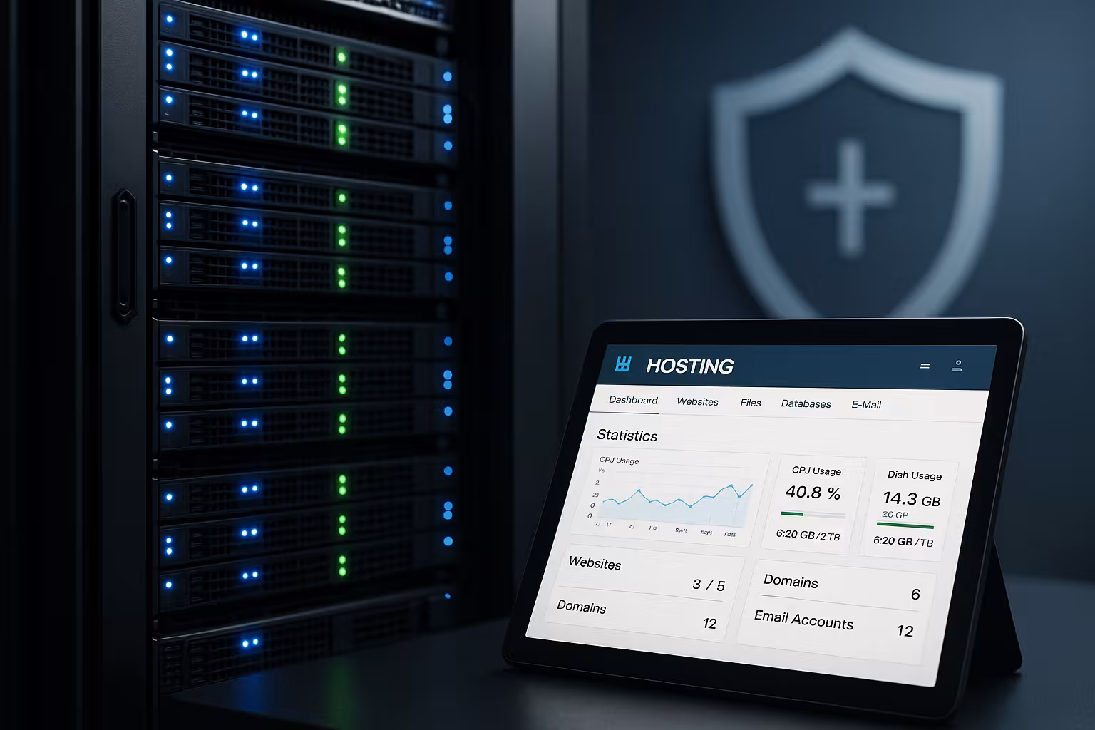 Server moderni nel centro dati con cruscotto di hosting e icona di sicurezza.