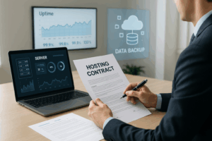 Persoană de afaceri care citește un contract de găzduire cu tabloul de bord al serverului în fundal