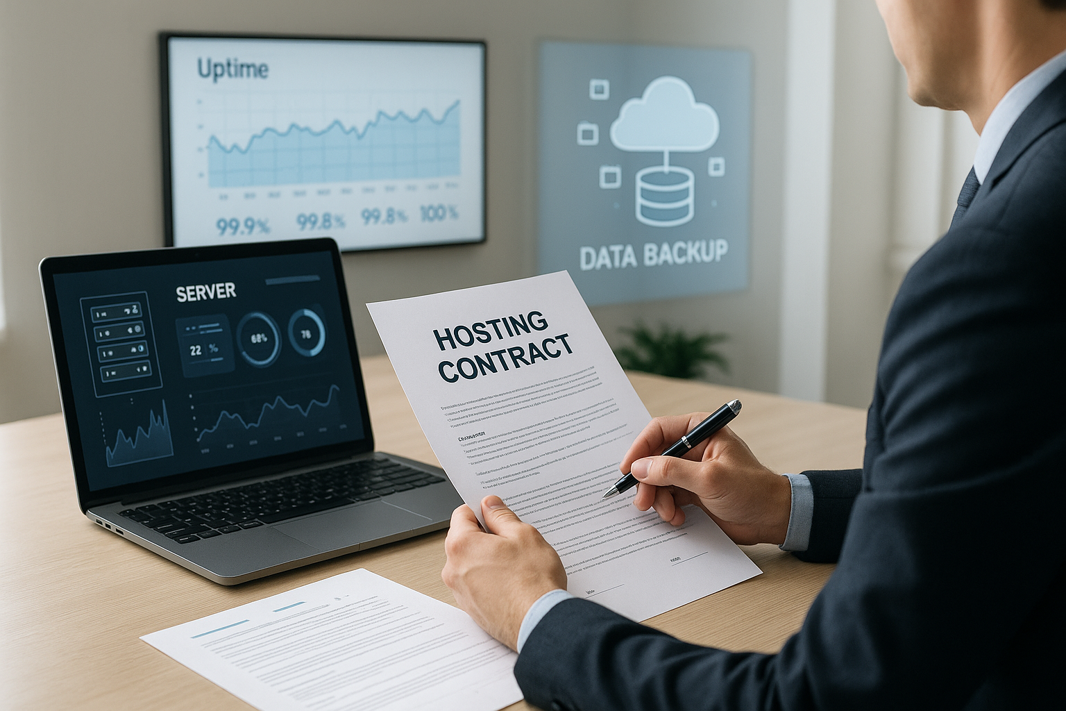 Uomo d'affari che legge un contratto di hosting con il cruscotto del server sullo sfondo