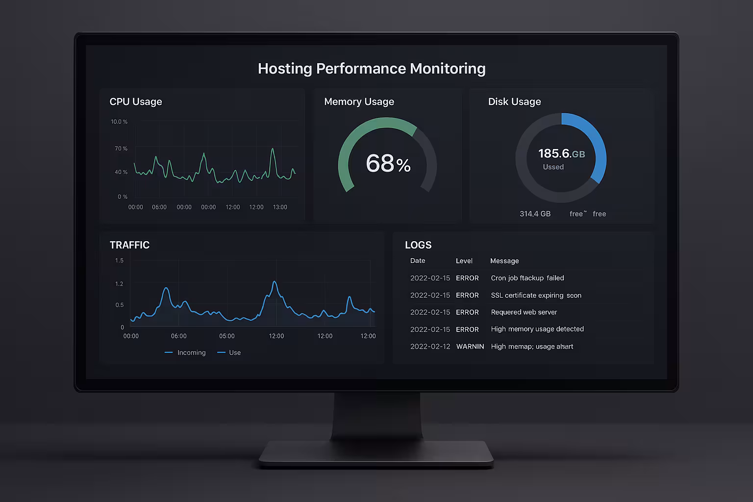 Una rappresentazione realistica su schermo delle metriche di prestazione dell'hosting
