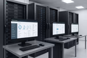Sala de servidores com monitores modernos que fornecem um painel de alojamento de fácil utilização