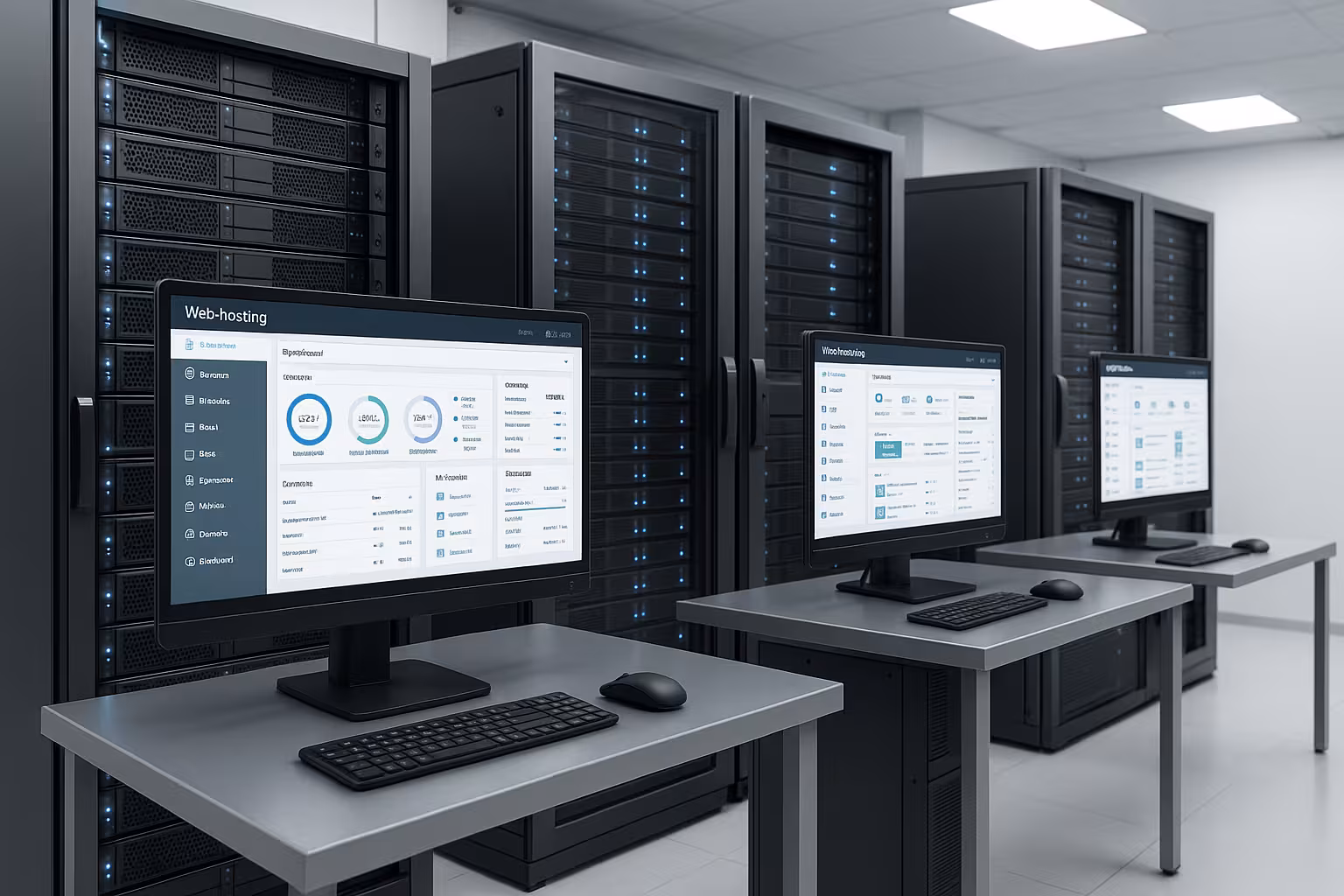 Sala server con monitor moderni che forniscono un pannello di hosting di facile utilizzo