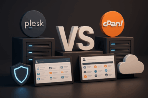 Pleskin ja cPanelin vertailu hosting-kuvakkeilla ja palvelimilla