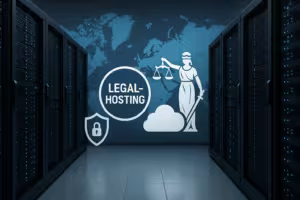 Modern data center for legal hosting with data protection symbols