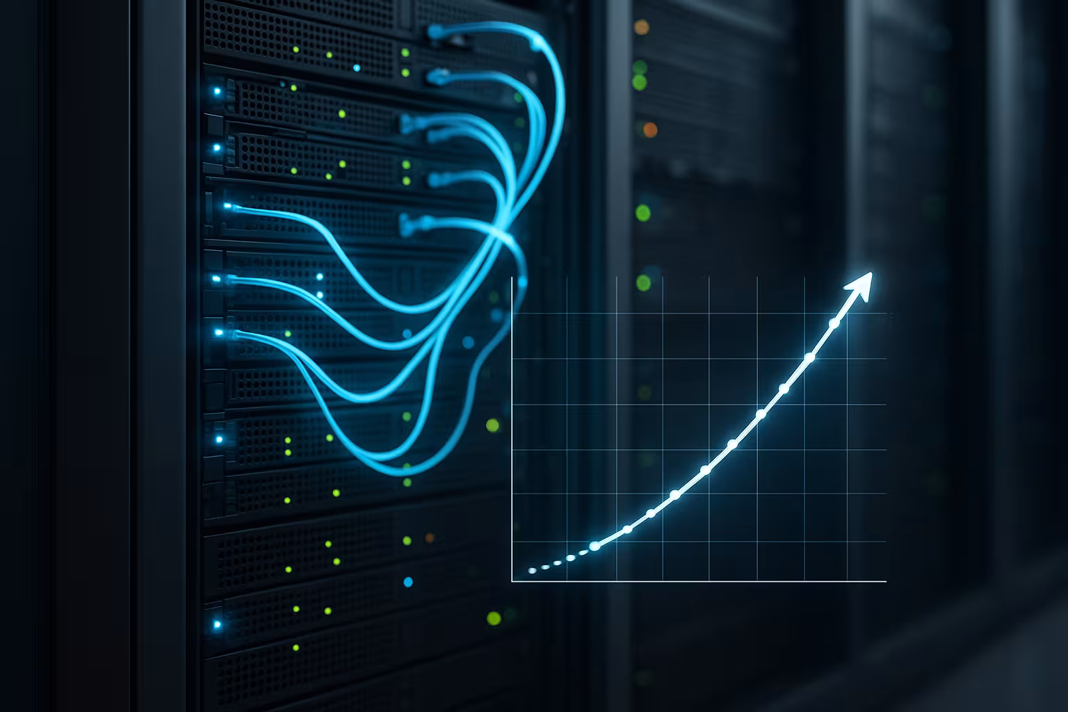 Moderno rack per server con connessioni di rete illuminate e curva delle prestazioni