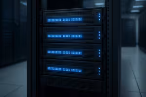 Moderno vServer gestito con raffreddamento efficiente e rack di server lucidi nel data center