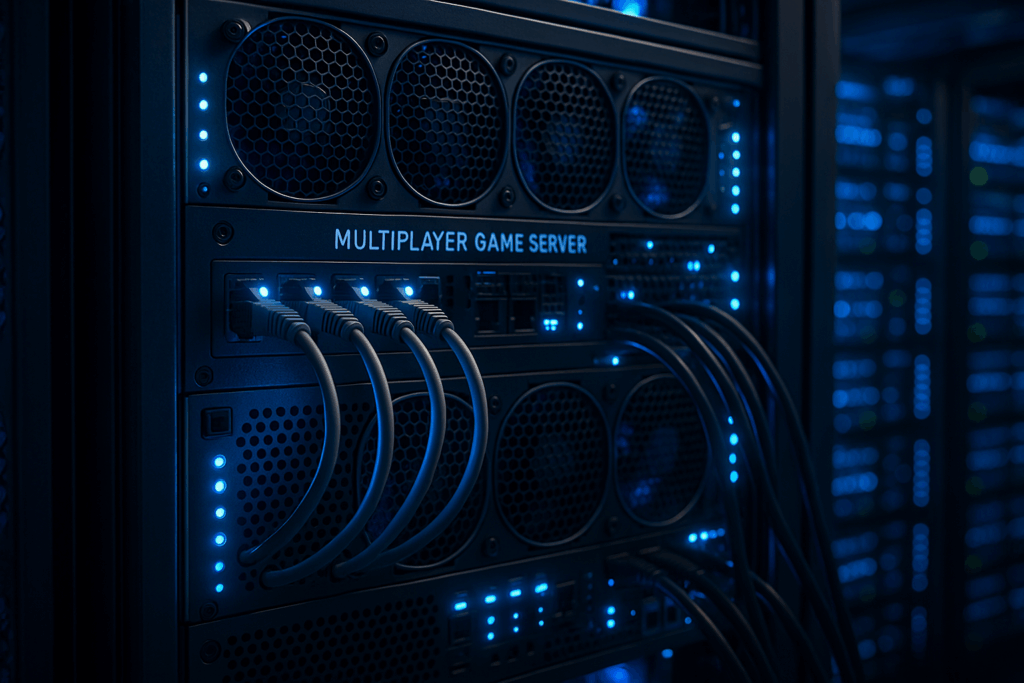 Съвременна конфигурация на сървъра за мултиплейър игри в центъра за данни с LED светлини
