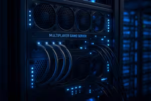 Moderni moninpelipalvelin datakeskuksessa LED-valoilla varustettuna