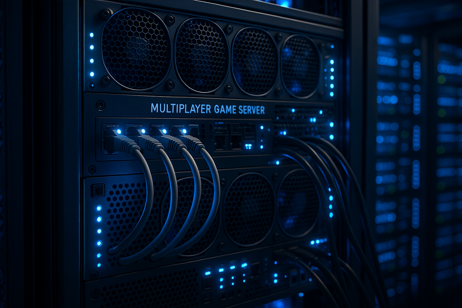 Configurație modernă de server pentru jocuri multiplayer în centrul de date cu lumini LED