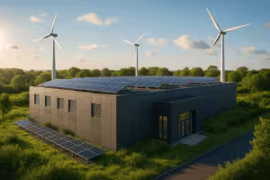 Moderne datacenter på landet med solpaneler og vindmøller