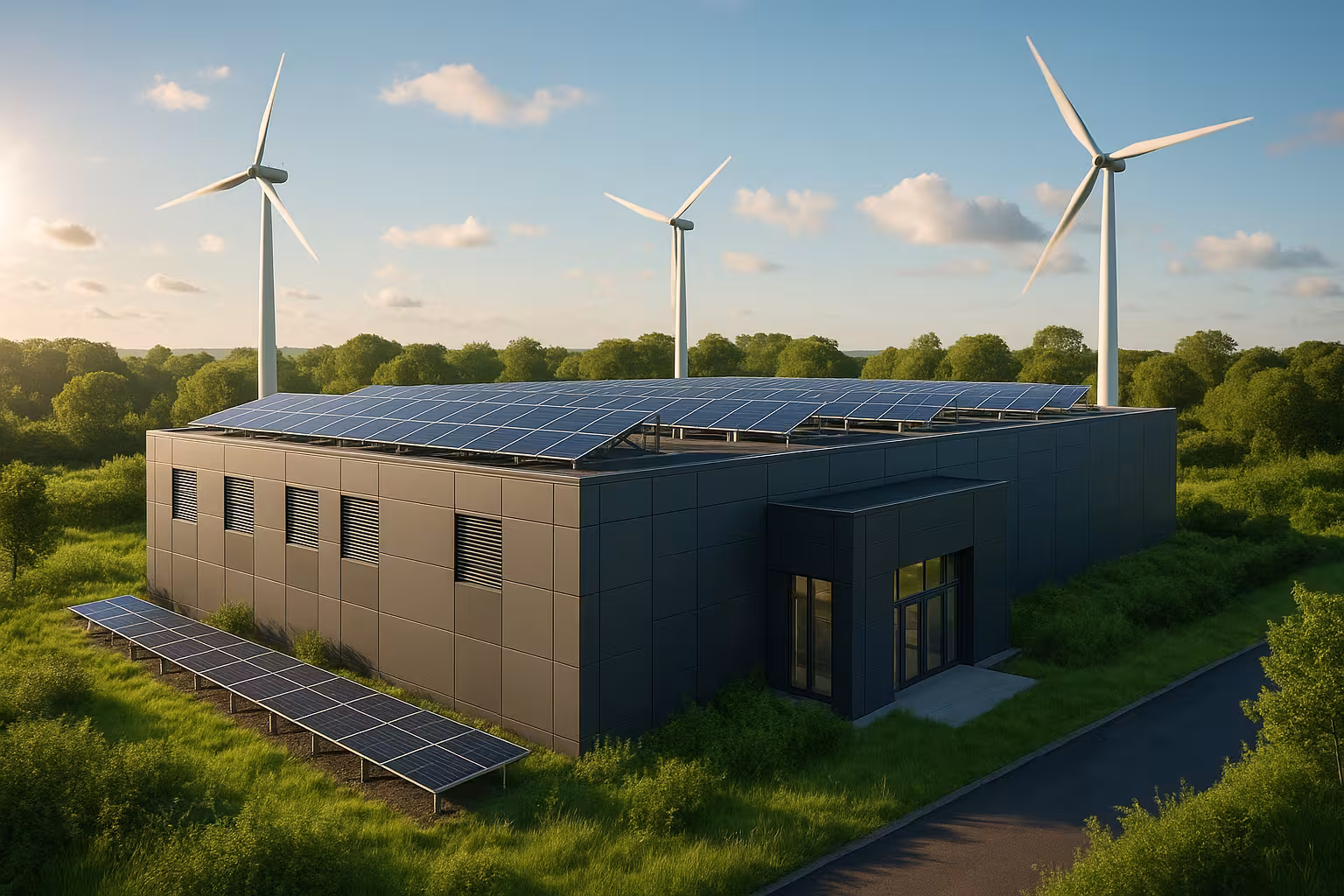 ソーラーパネルと風力タービンを備えた田園地帯の近代的データセンター
