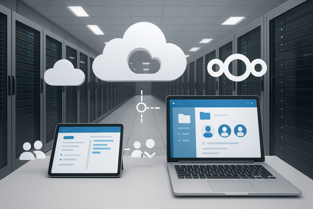 Nowoczesne niemieckie centrum danych z ikonami chmury i elementami Nextcloud