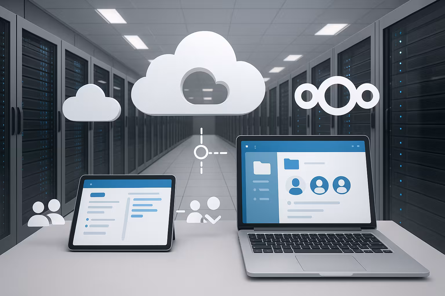 Moderno centro dati tedesco con icone cloud ed elementi Nextcloud