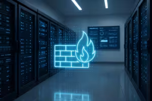Serverruimte met digitale next-gen firewall visualisatie voor webhosting