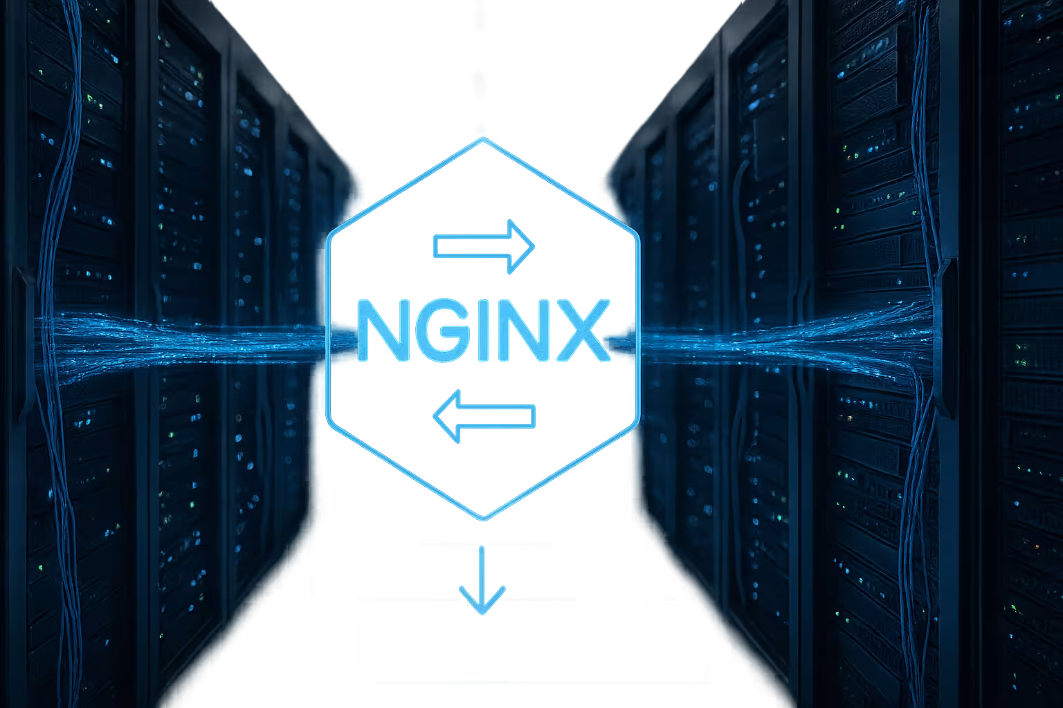 Server web NGINX cu redirecționare URL și conexiuni de rețea într-o cameră de servere modernă