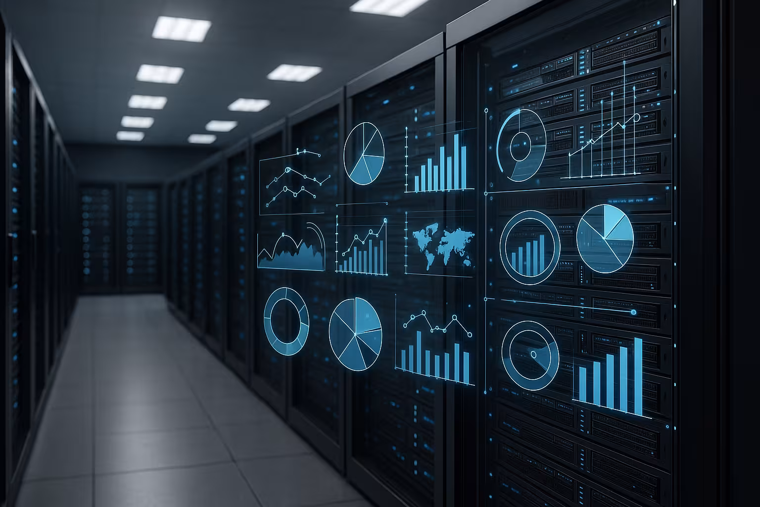 Gestione moderna del web hosting tra Plesk e Enhance, sala server, infrastruttura digitale