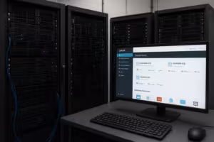 Sala de servidores com monitores modernos e interface Plesk para hospedagem na Web