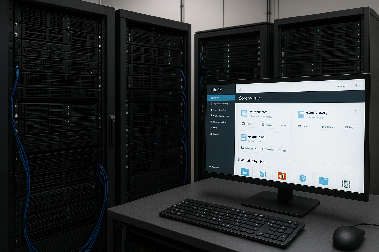 Sala server con monitor moderni e interfaccia Plesk per il web hosting