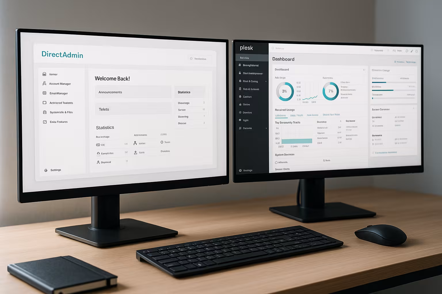 Confronto Plesk vs DirectAdmin pannello di hosting ambiente di lavoro moderno