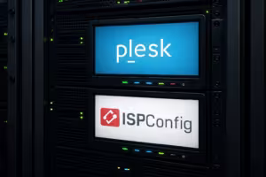 Server rack met Plesk en ISPConfig bedieningspanelen