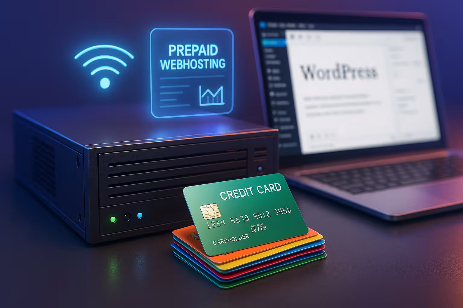 Server con simboli colorati di carte prepagate per un web hosting flessibile