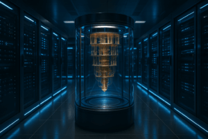 Futuristiskt datacenter med kvantdatorer och serverrack