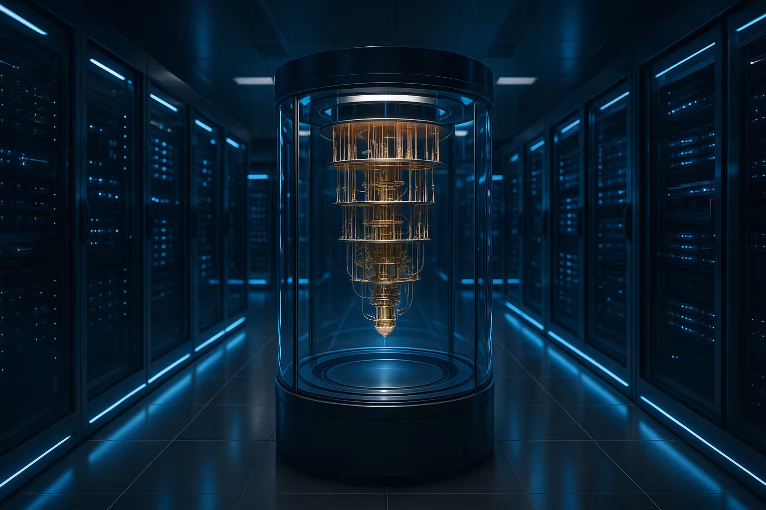 Centru de date futurist cu calculatoare cuantice și rafturi pentru servere