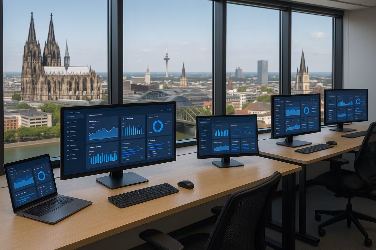 Moderna dashboard di hosting in ufficio con vista sulla città tedesca