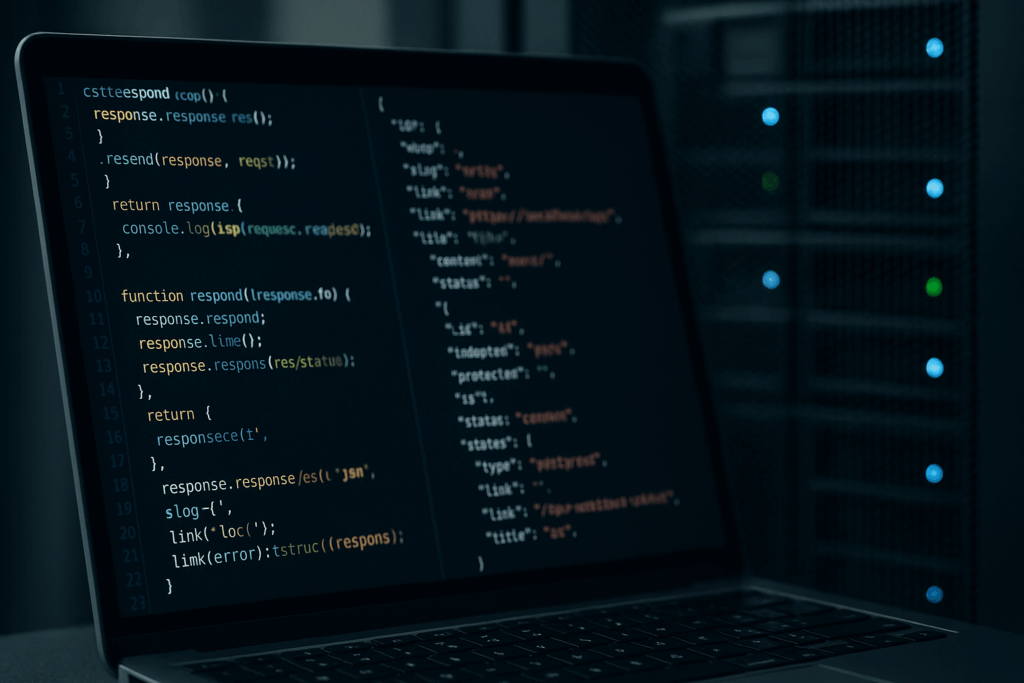 Prenosni računalnik s poizvedbami WordPress REST API pred strežniškimi omarami, poudarek na digitalni varnosti