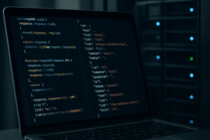 Laptop com consultas à API REST do WordPress na frente de gabinetes de servidor, com foco em segurança digital