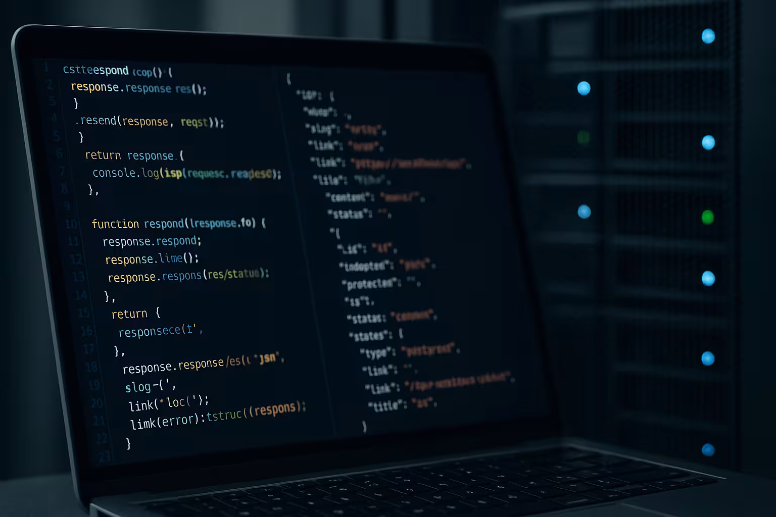 サーバーキャビネットの前にWordPress REST APIクエリを備えたラップトップ、デジタルセキュリティに焦点を当てる