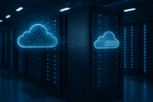 Serverraum mit modernen Serverracks, symbolische Datenwolken und klarer Trennung von vServer und Root Server.