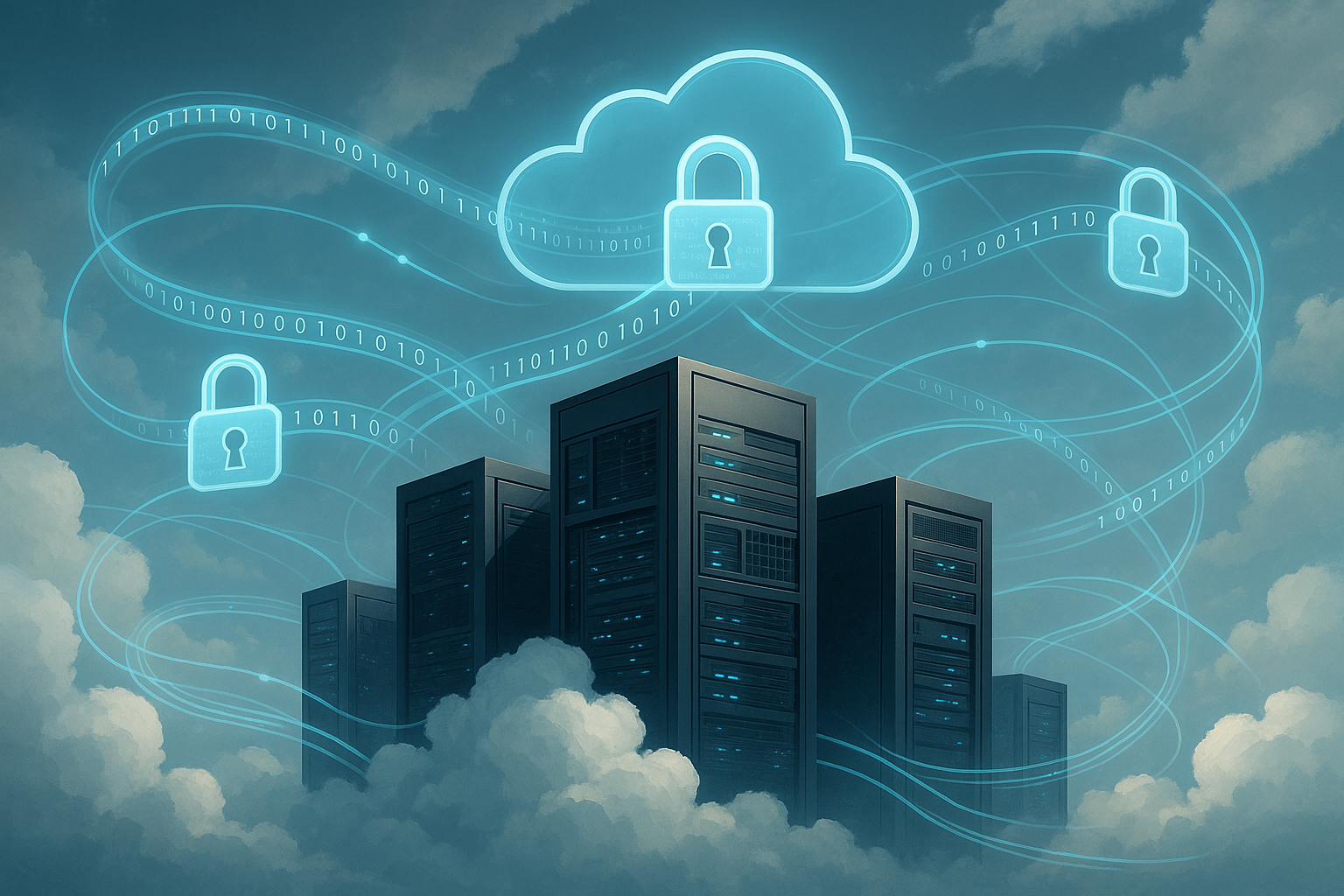Servidor em nuvem com segurança e criptografia de dados em um ambiente de TI moderno