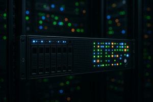 Un server într-un centru de date, înconjurat de cabluri incandescente