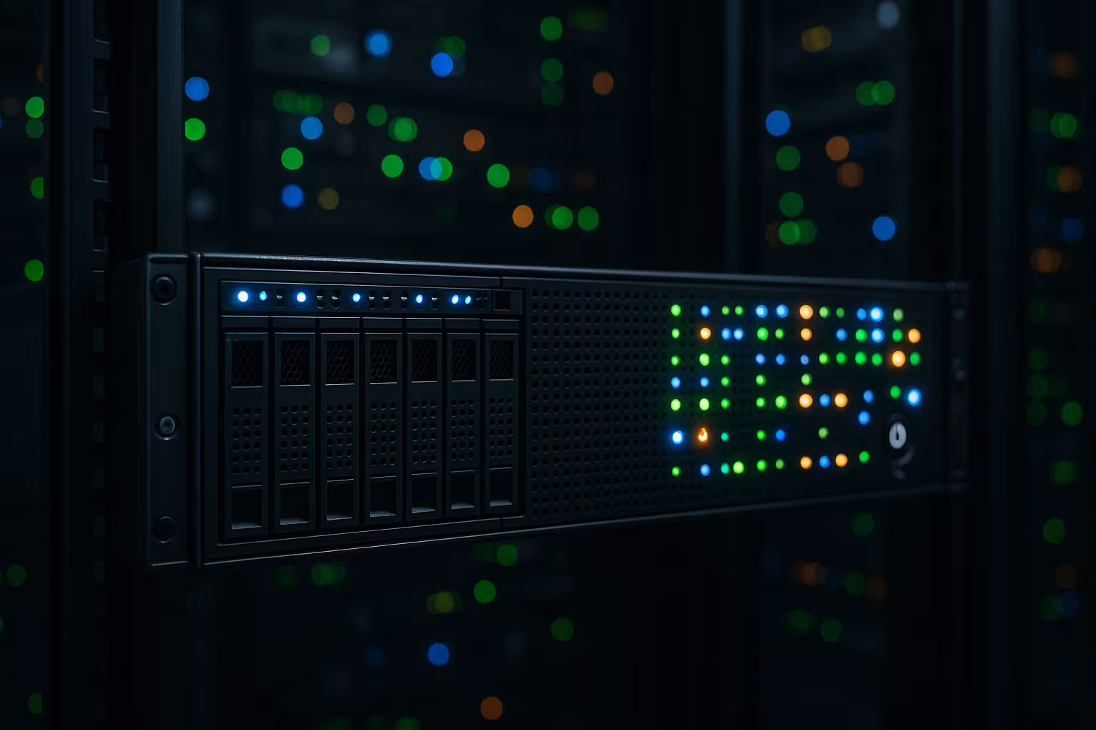 Un server într-un centru de date, înconjurat de cabluri incandescente